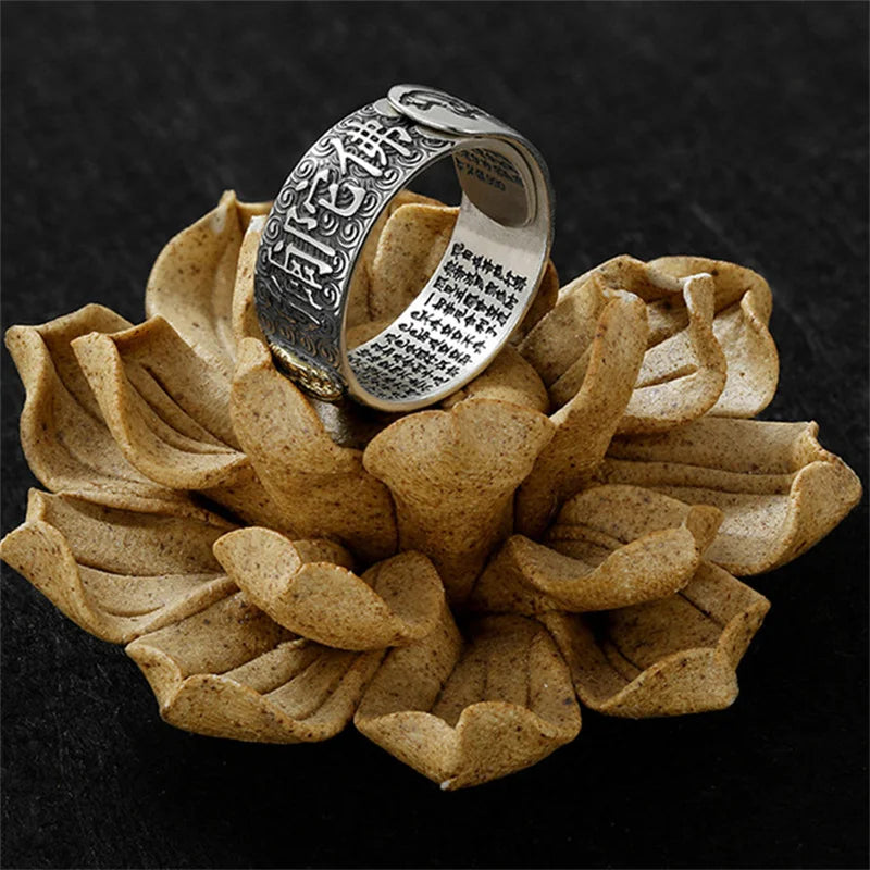 Namo Amitabha Lotus Ring For Men Jewelry Retro Dragon Buddha Buddhist Heart Sutra Ring Male Index Finger Accessories Open Size