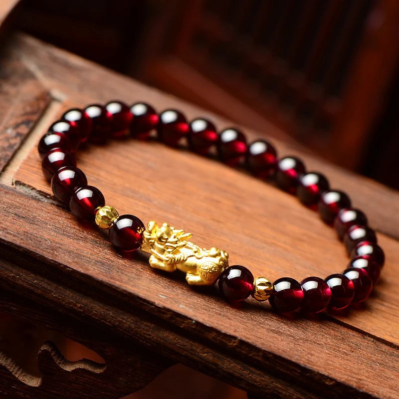 Feng Shui Obsidian Stone Beads Bracelet Men Women Wristband Gold Color Wealth and Good Luck Six Character Proverbs Bracelet