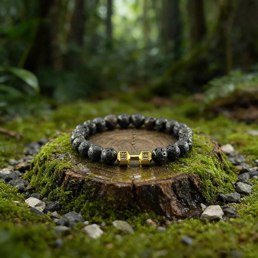 Natural Volcanic Stone Bracelet Men Matte Black Lava Obsidian Beads Charm Dumbbell Strand Bracelet Women Barbell Fitness Jewelry