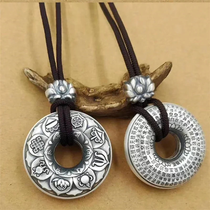 Silver Retro Lotus Buddha Sutra Six-character Mantra Pendant Necklace For Men Women Jewelry Ethnic Black Rope Male Necklace Amulet Gift