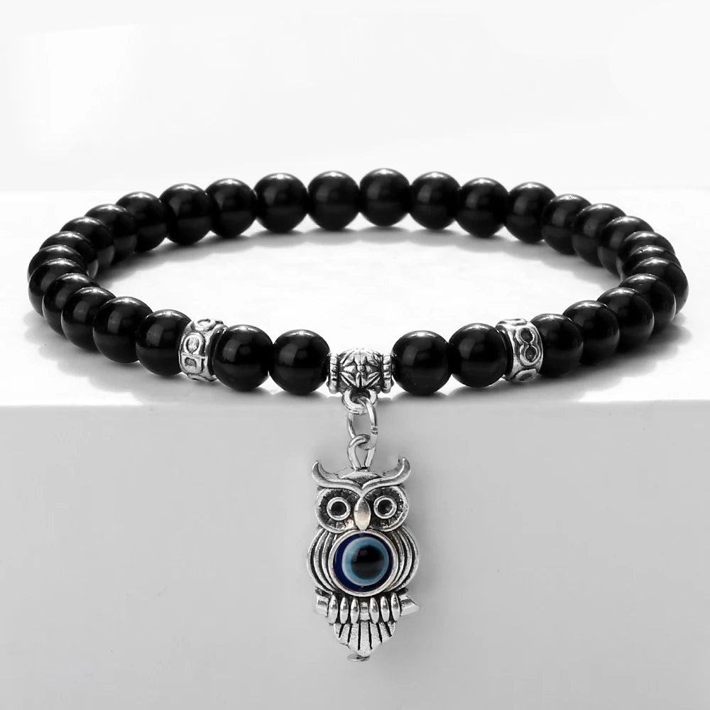 New 6MM Black Polish Beaded Bracelet Lucky Turkish Evil Eye Alloy Pendant Couple Bracelet&Bangles Chain Jewelry Gift for Friend