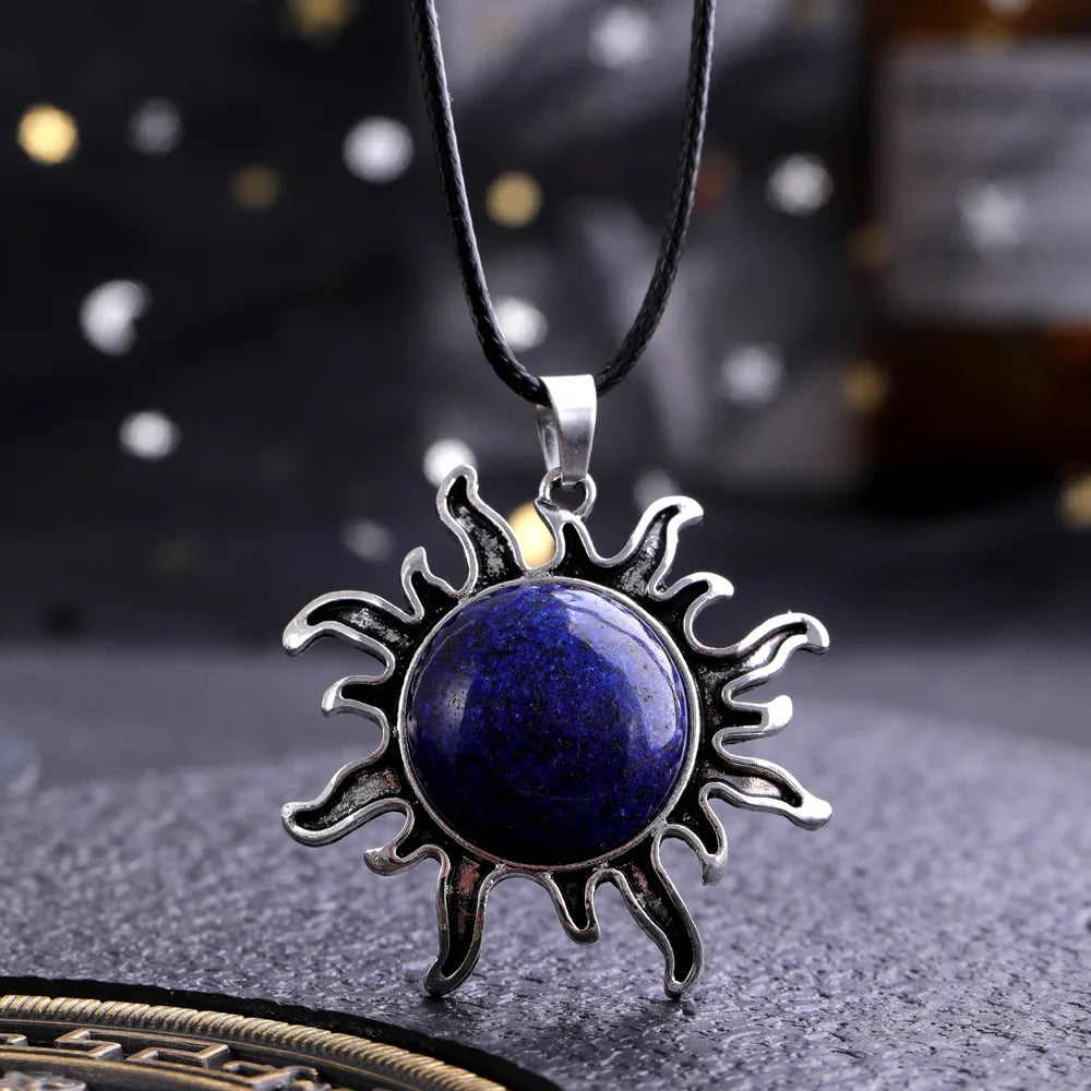 Fashion Natural Gem Stone Quartz Crystal Tiger-eye Plated Silver Alloy Sun Pendant Jewelry Making Accessories Sun Necklace Gift