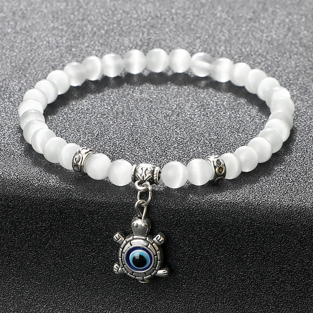 New Charm 6MM White Cat Eye Beaded Bracelet Turkish Evil Eye Butterfly Owl Turtle Pendant Bangles Chain Jewelry Gift for Friend