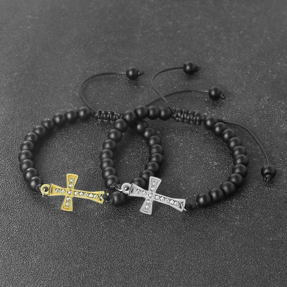 New Charm Jesus Cross Pendant Braided Bracelet 6mm Black Matte Malachite Couple Bracelet Women Men Healing Jewelry Gift