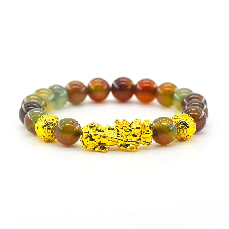 Pixiu Bracelet Feng Shui Wealth and Good Luck Bracelet Homme Wristband Gold Color Obisidian Stone Beads Black Six Character Gift