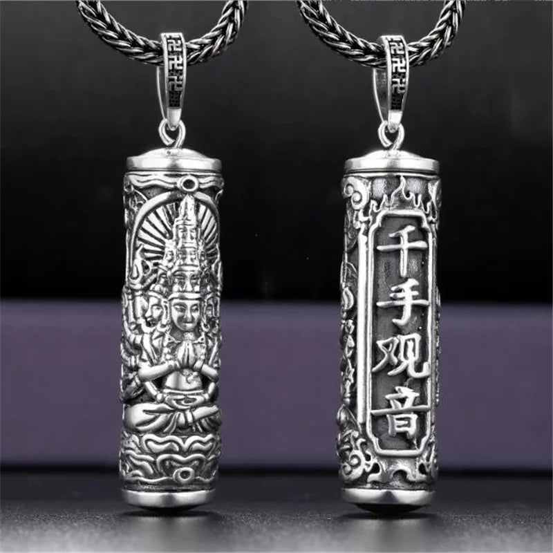 Retro Buddha Shurangama Mantra Pendant Necklace For Men Jewelry Fashion Silver 925 Neck Chain Male Necklace Boy Birthday Gift