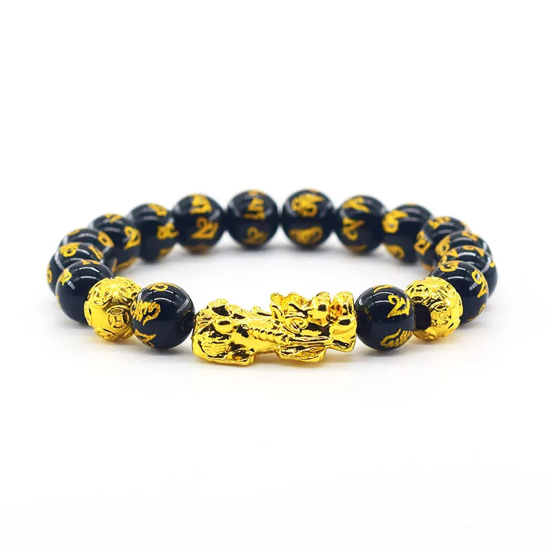 Pixiu Bracelet Feng Shui Wealth and Good Luck Bracelet Homme Wristband Gold Color Obisidian Stone Beads Black Six Character Gift