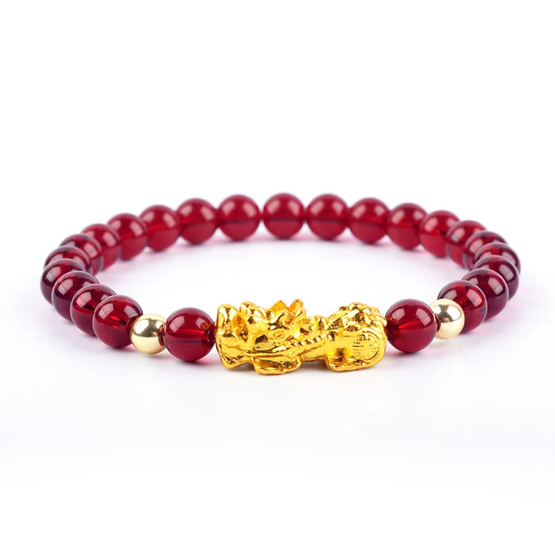 Pixiu Bracelet Feng Shui Wealth and Good Luck Bracelet Homme Wristband Gold Color Obisidian Stone Beads Black Six Character Gift
