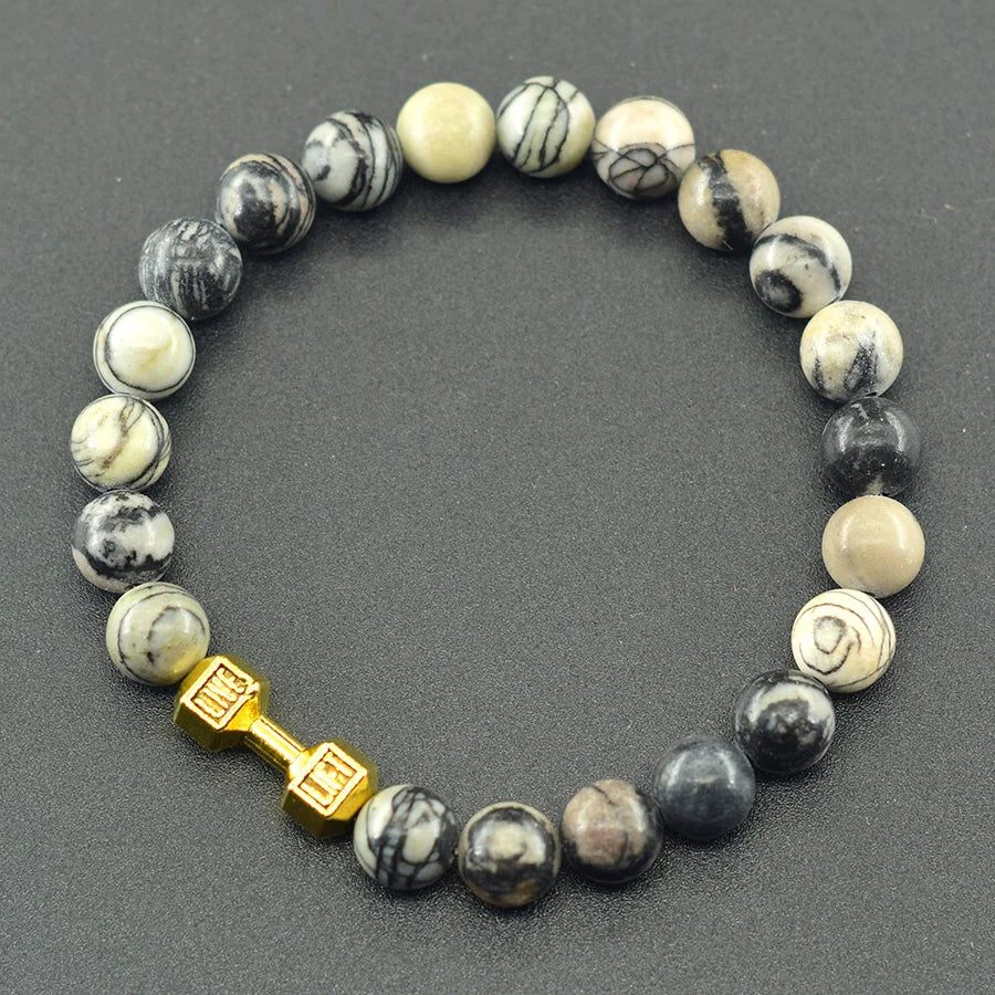 Natural Volcanic Stone Bracelet Men Matte Black Lava Obsidian Beads Charm Dumbbell Strand Bracelet Women Barbell Fitness Jewelry