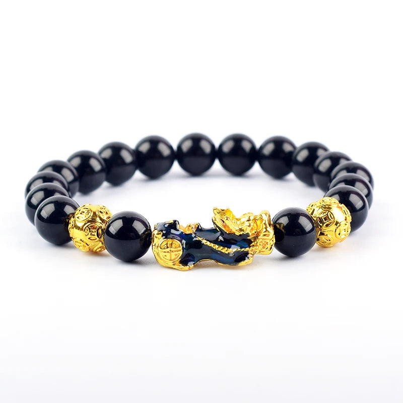 Pixiu Bracelet Feng Shui Wealth and Good Luck Bracelet Homme Wristband Gold Color Obisidian Stone Beads Black Six Character Gift