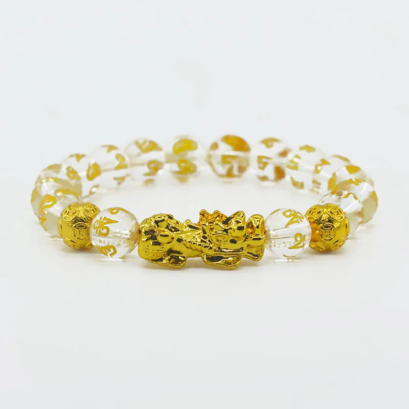 Pixiu Bracelet Feng Shui Wealth and Good Luck Bracelet Homme Wristband Gold Color Obisidian Stone Beads Black Six Character Gift