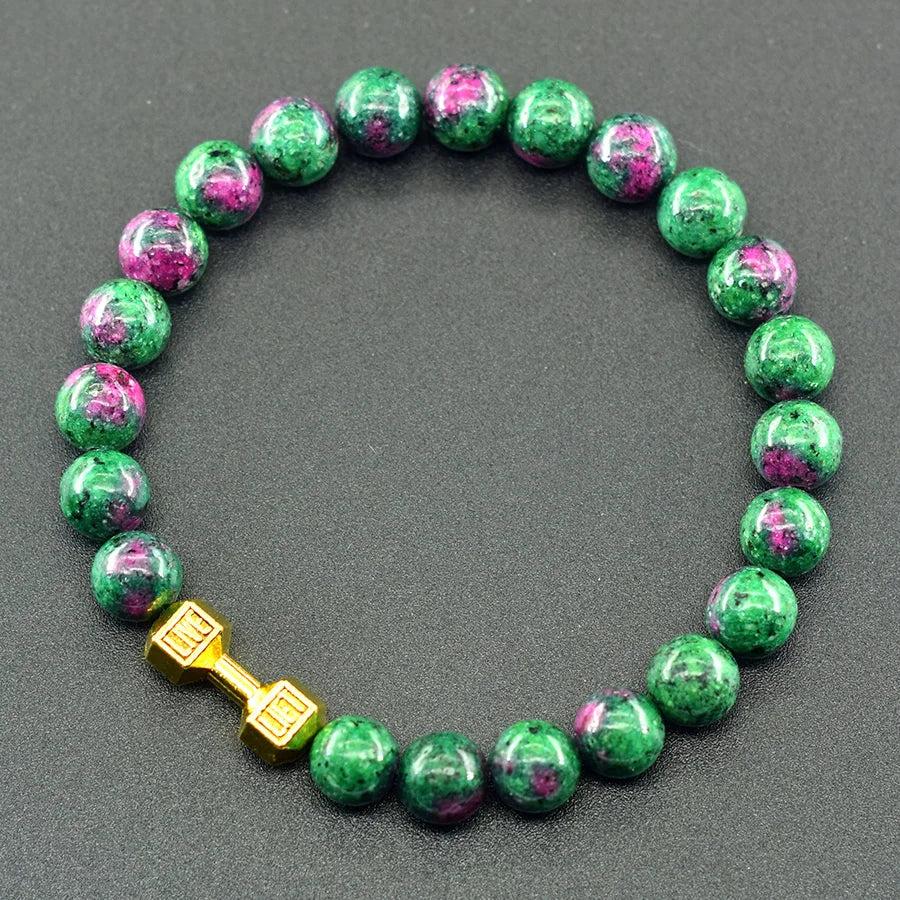 Natural Volcanic Stone Bracelet Men Matte Black Lava Obsidian Beads Charm Dumbbell Strand Bracelet Women Barbell Fitness Jewelry