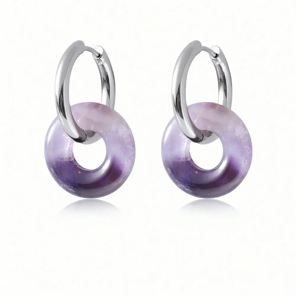 1pair Natural Stone Donut Shaped Stainless Steel Hoop Earrings Ladies Fashion Pink Crystal Agate Malachite Round Women Earrings