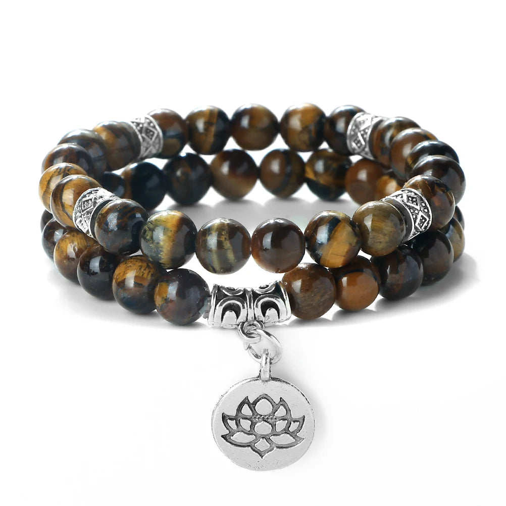 2Pcs/Set Natural Black Striped Pine Stone Bracelets Lava Bead Wristband Lotus Pendant  A Zen-inspired Healing For  Men And Women