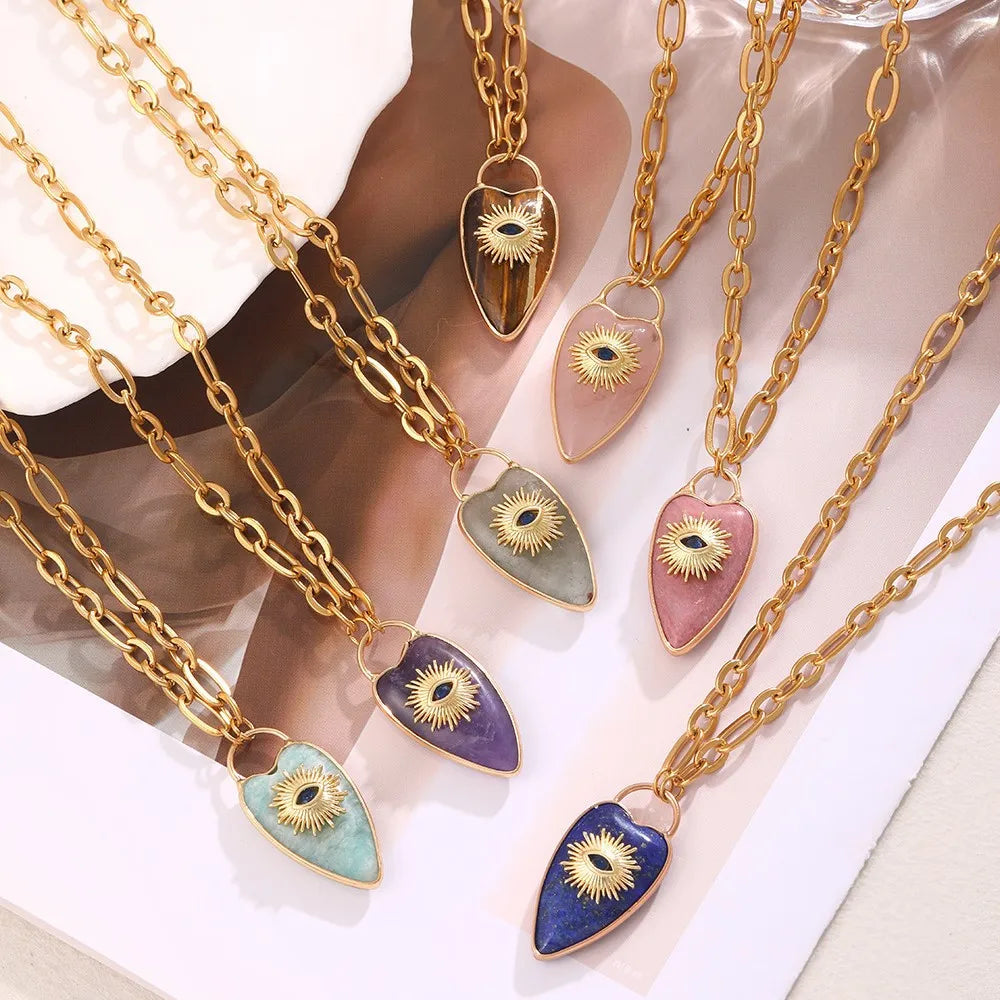 1pc Devil's Eye Heart Natural Stone Pendant Amethyst Pink Crystal Necklace for Women Jewelry Gift