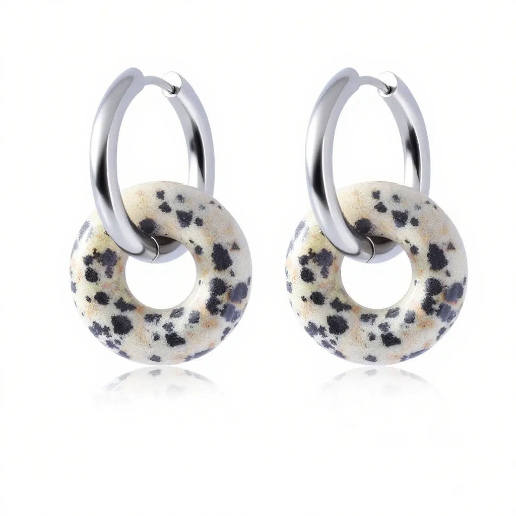 1pair Natural Stone Donut Shaped Stainless Steel Hoop Earrings Ladies Fashion Pink Crystal Agate Malachite Round Women Earrings