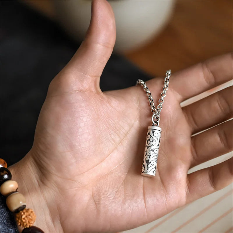 Vintage 925 Silver Necklace Male Blessing Bijou Retro Pendant Can Be Opened To Hold Things Amulets Necklaces For Men Jewelry