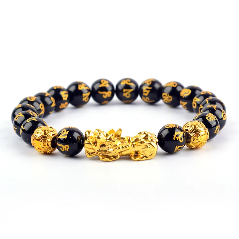 Feng Shui Obsidian Stone Beads Bracelet Men Women Wristband Gold Color Wealth and Good Luck Six Character Proverbs Bracelet