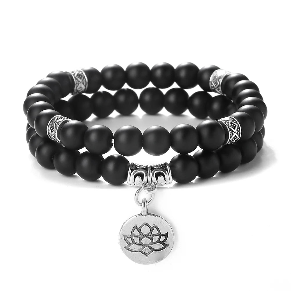 2Pcs/Set Natural Black Striped Pine Stone Bracelets Lava Bead Wristband Lotus Pendant  A Zen-inspired Healing For  Men And Women