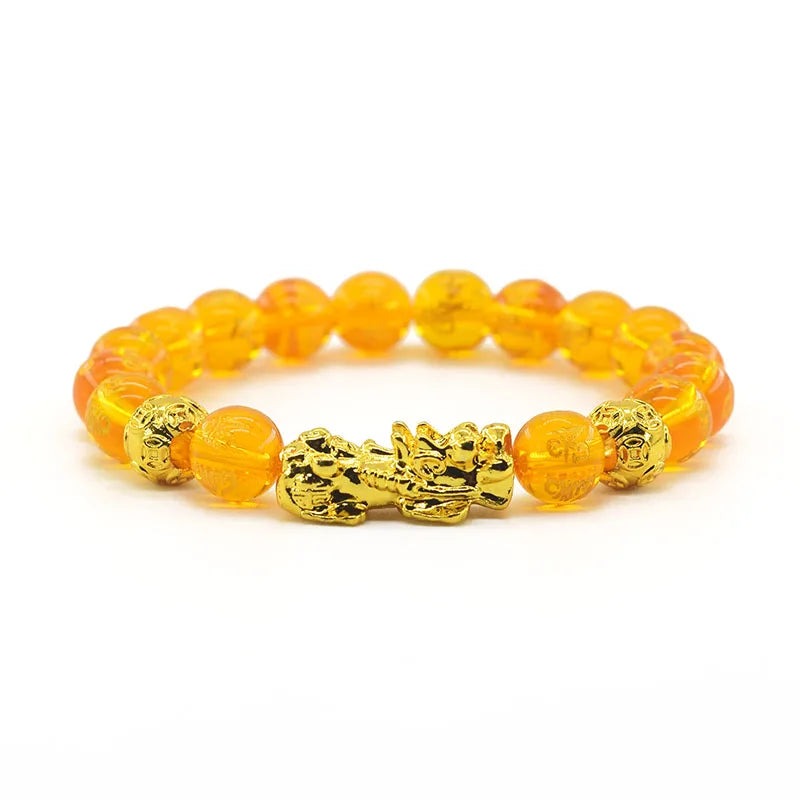 Pixiu Bracelet Feng Shui Wealth and Good Luck Bracelet Homme Wristband Gold Color Obisidian Stone Beads Black Six Character Gift