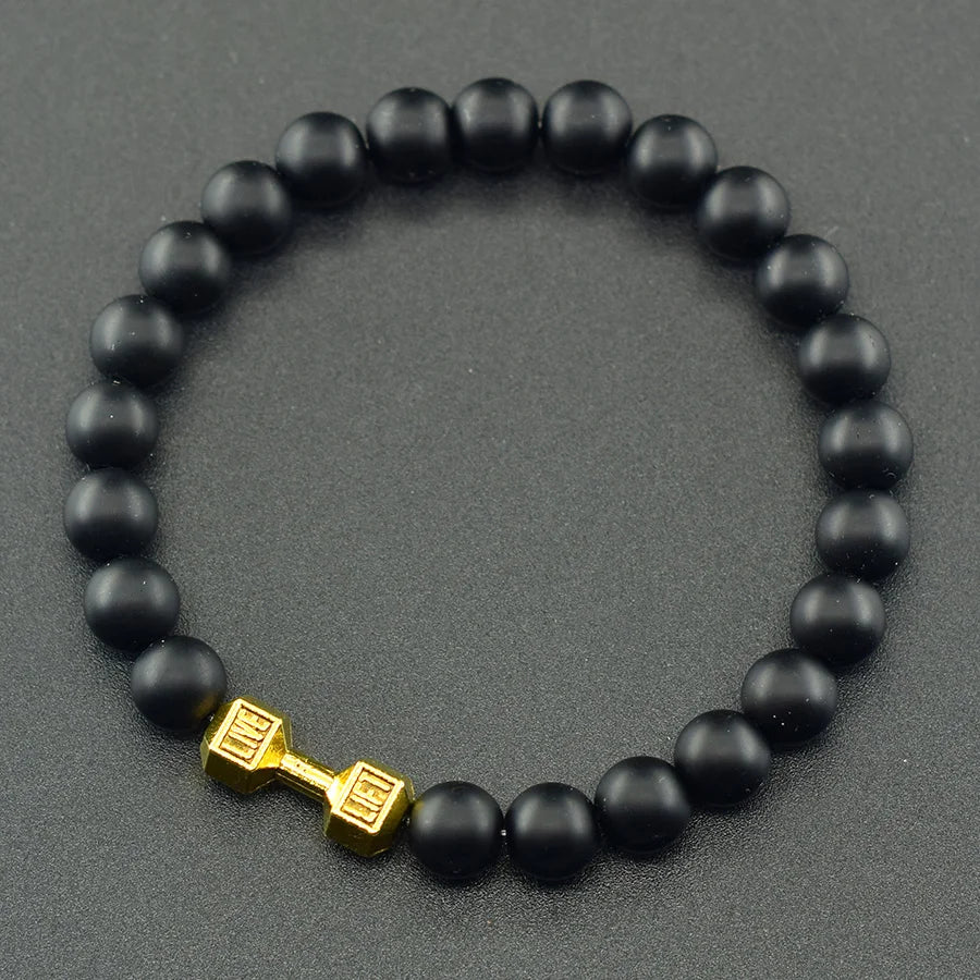 Natural Volcanic Stone Bracelet Men Matte Black Lava Obsidian Beads Charm Dumbbell Strand Bracelet Women Barbell Fitness Jewelry