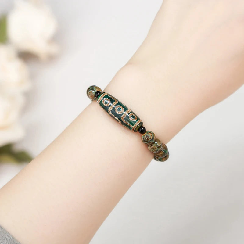 Natural Green Nine Eyes Tibetan Dzi Agate Barrel Beads Bracelet Women Men Retro Healing Buddha Prayer Charm Yoga Jewelry Gift