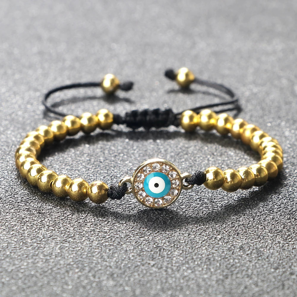 New Turkish Evil Eye Copper Beads Braided Bracelet Women Men Gold Color Healing Yoga Couple Bracelet&Bangles Chain Jewelry Gift