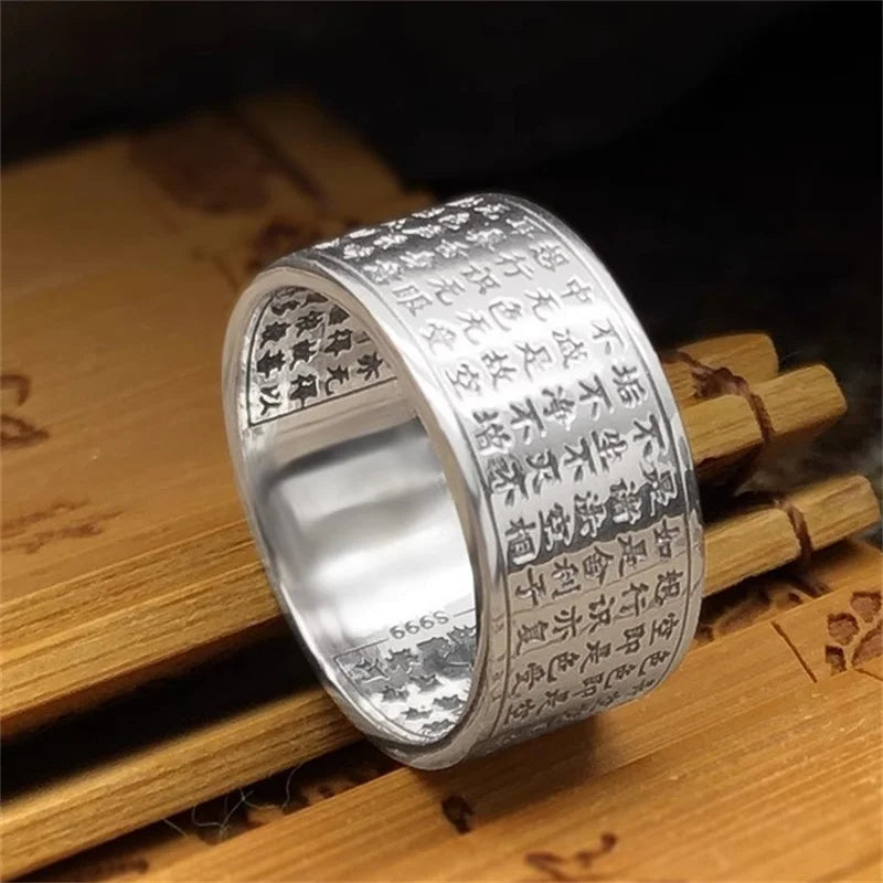 Blessing Prajnaparamita Heart Sutra Ring For Men Jewelry Ethnic Style Vintage Heart Meridian Ring Women Finger Accessories