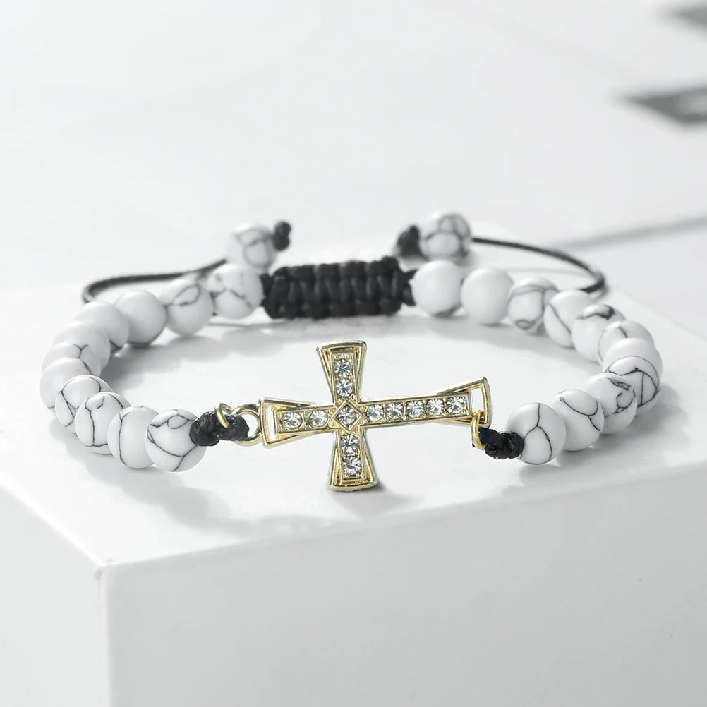 New Charm Jesus Cross Pendant Braided Bracelet 6mm Black Matte Malachite Couple Bracelet Women Men Healing Jewelry Gift