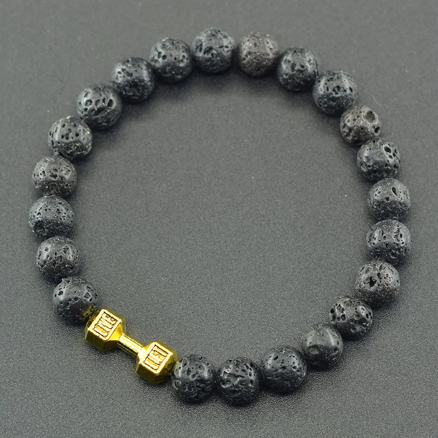 Natural Volcanic Stone Bracelet Men Matte Black Lava Obsidian Beads Charm Dumbbell Strand Bracelet Women Barbell Fitness Jewelry