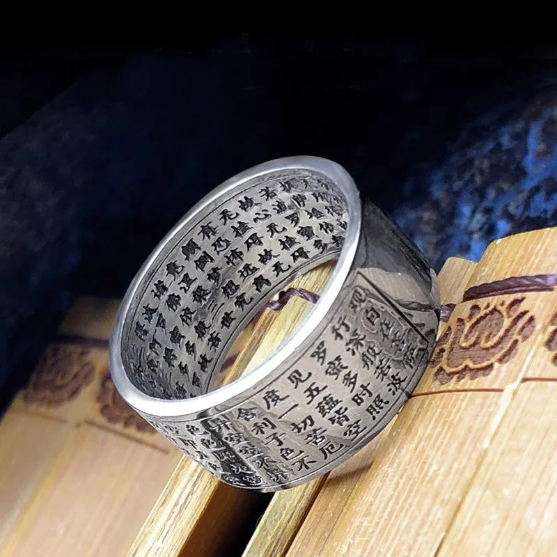 Blessing Prajnaparamita Heart Sutra Ring For Men Jewelry Ethnic Style Vintage Heart Meridian Ring Women Finger Accessories