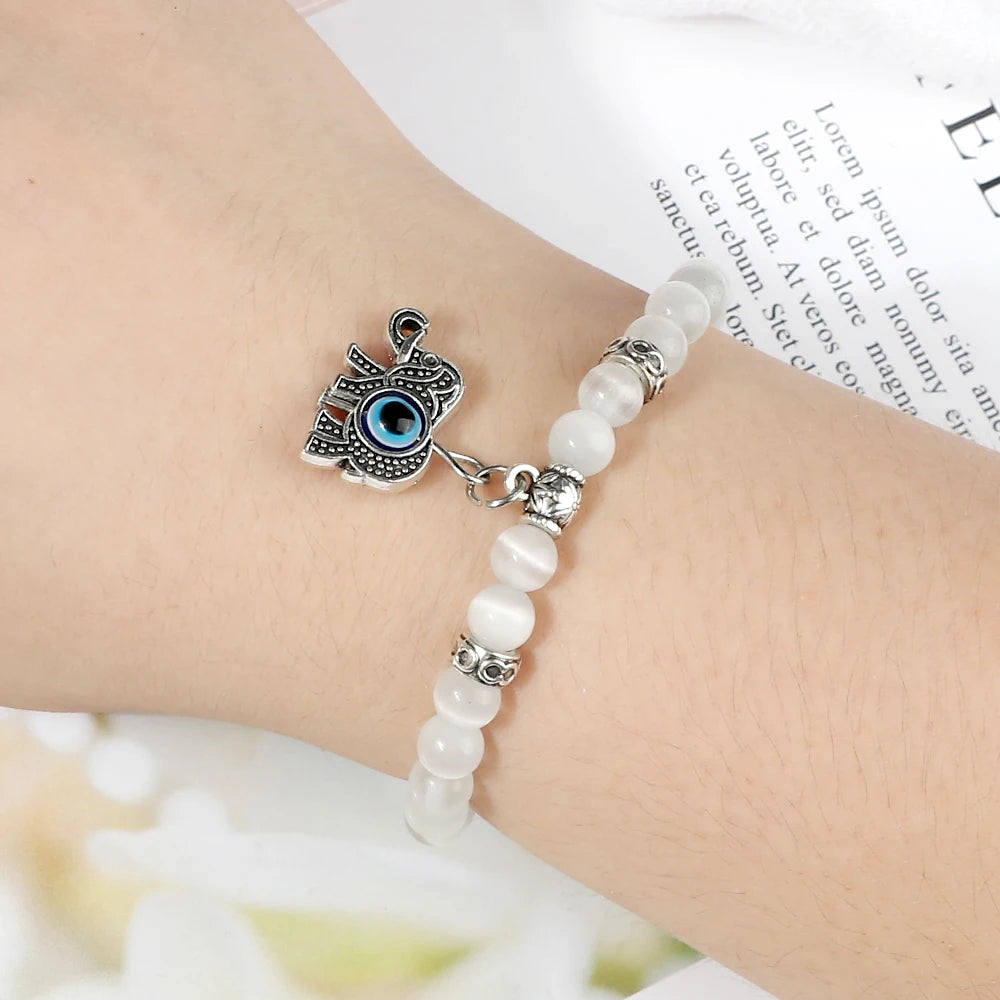 New Charm 6MM White Cat Eye Beaded Bracelet Turkish Evil Eye Butterfly Owl Turtle Pendant Bangles Chain Jewelry Gift for Friend