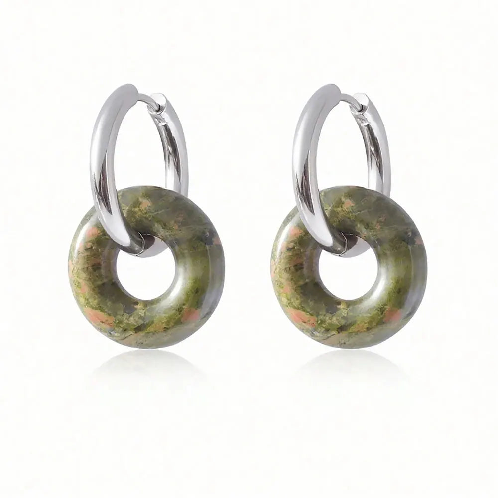 1pair Natural Stone Donut Shaped Stainless Steel Hoop Earrings Ladies Fashion Pink Crystal Agate Malachite Round Women Earrings