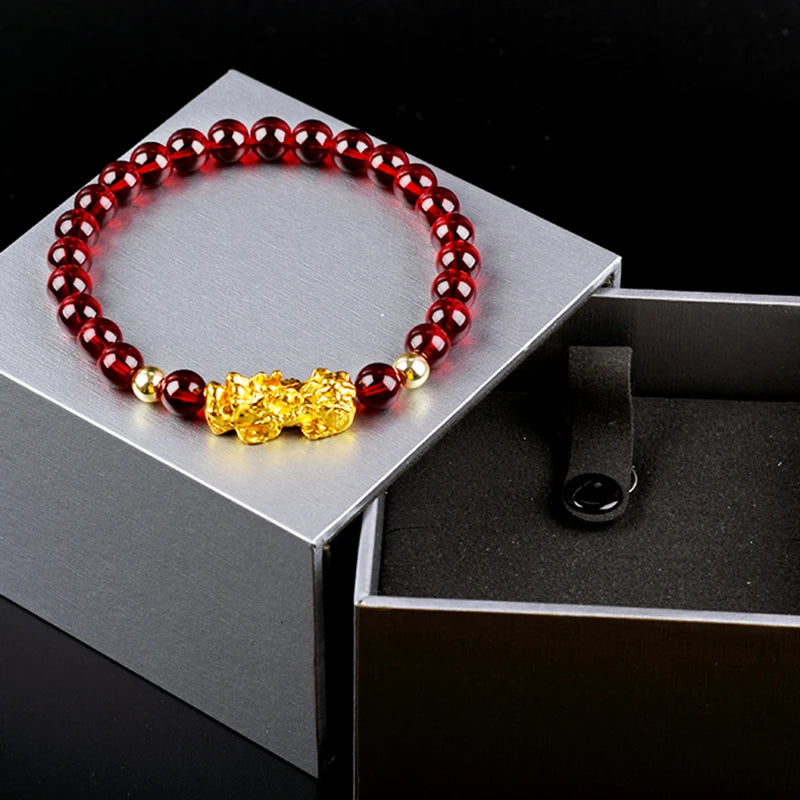 Feng Shui Obsidian Stone Beads Bracelet Men Women Wristband Gold Color Wealth and Good Luck Six Character Proverbs Bracelet