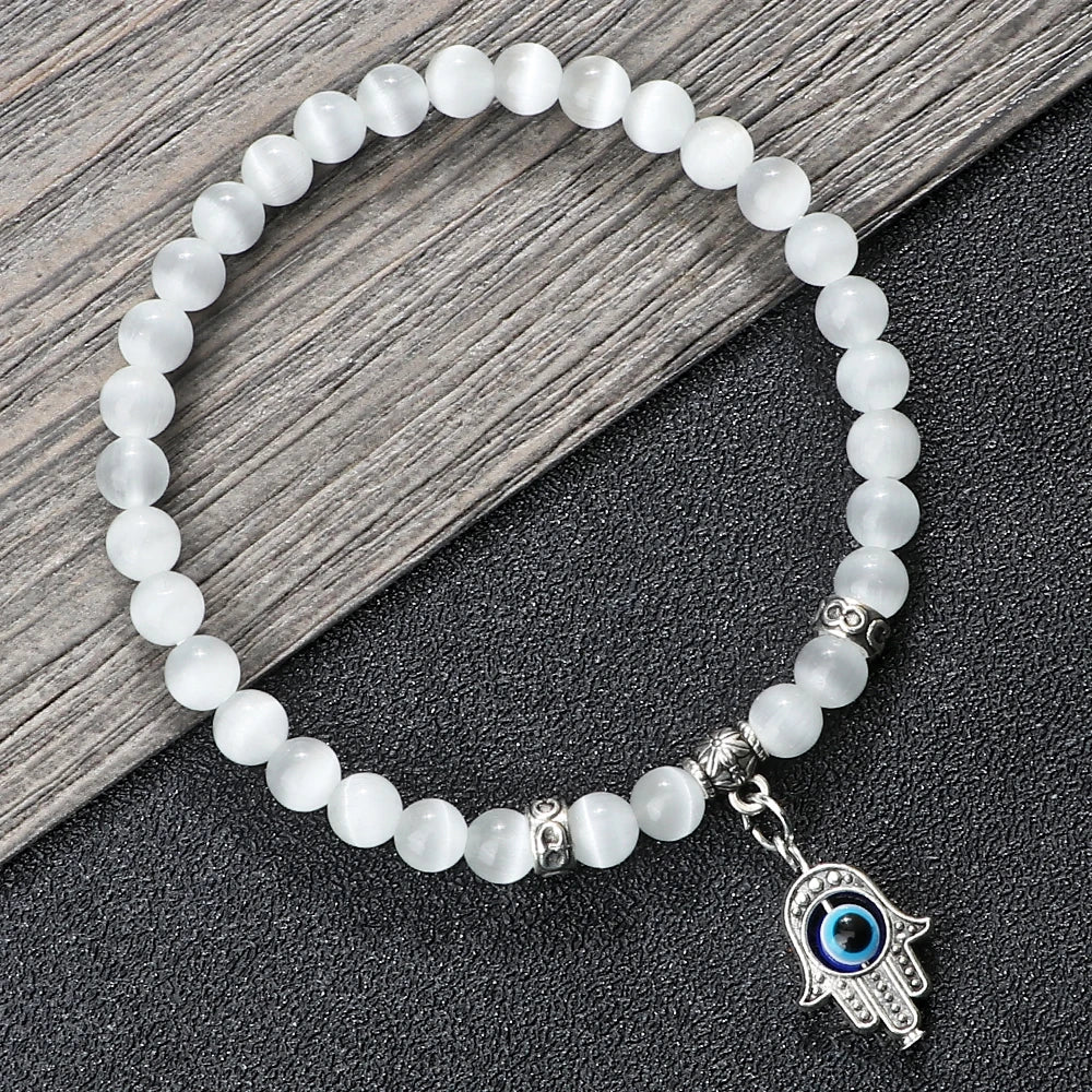 New Charm 6MM White Cat Eye Beaded Bracelet Turkish Evil Eye Butterfly Owl Turtle Pendant Bangles Chain Jewelry Gift for Friend
