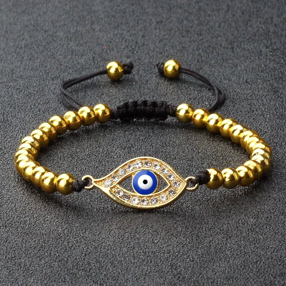 New Turkish Evil Eye Copper Beads Braided Bracelet Women Men Gold Color Healing Yoga Couple Bracelet&Bangles Chain Jewelry Gift