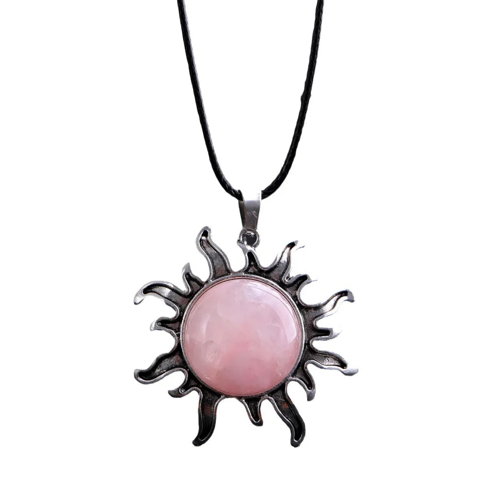 Fashion Natural Gem Stone Quartz Crystal Tiger-eye Plated Silver Alloy Sun Pendant Jewelry Making Accessories Sun Necklace Gift