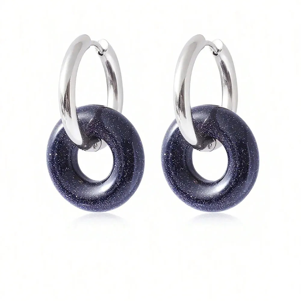 1pair Natural Stone Donut Shaped Stainless Steel Hoop Earrings Ladies Fashion Pink Crystal Agate Malachite Round Women Earrings
