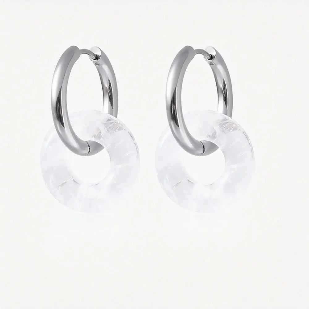 1pair Natural Stone Donut Shaped Stainless Steel Hoop Earrings Ladies Fashion Pink Crystal Agate Malachite Round Women Earrings