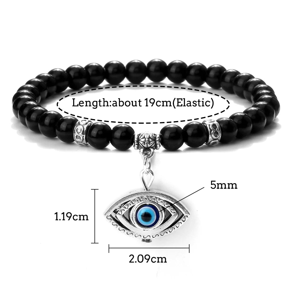 New 6MM Black Polish Beaded Bracelet Lucky Turkish Evil Eye Alloy Pendant Couple Bracelet&Bangles Chain Jewelry Gift for Friend