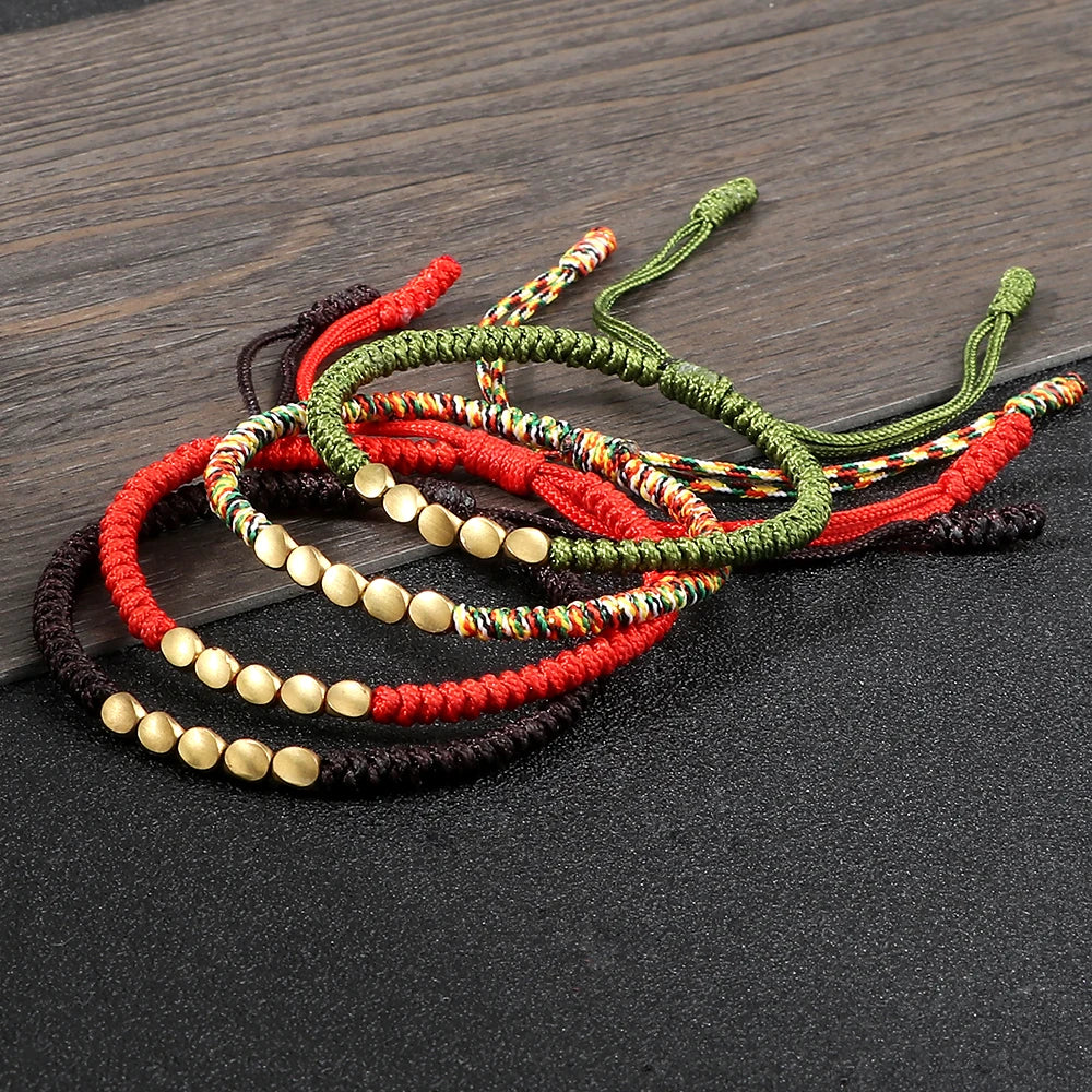 Handmade Tibetan Copper Bead Thread Braided Bracelet Red Lucky Rope Prayer Wristband Bracelets for Men Women Ethnic Jewelry Gift