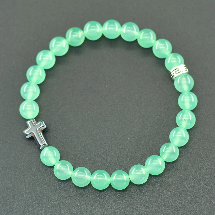 Prayer Cross Charm Natural Stone Beads Bracelet Men Women Rosary Hematite Cross Bracelet Onyx Meditation Bracelet Yoga Jewelry