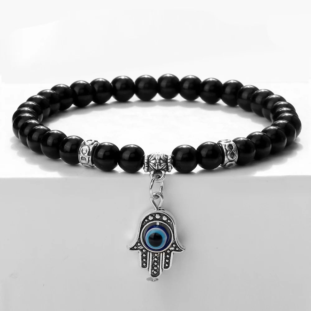New 6MM Black Polish Beaded Bracelet Lucky Turkish Evil Eye Alloy Pendant Couple Bracelet&Bangles Chain Jewelry Gift for Friend