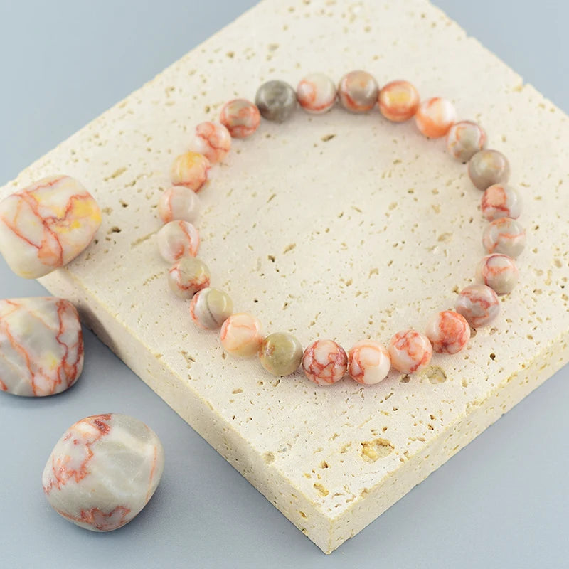 Natural Stone Round Red Spider Web Stripe Network Beads Bracelet Women Stretch Handmade Jewelry Men Red Picasso Beads Wholesale