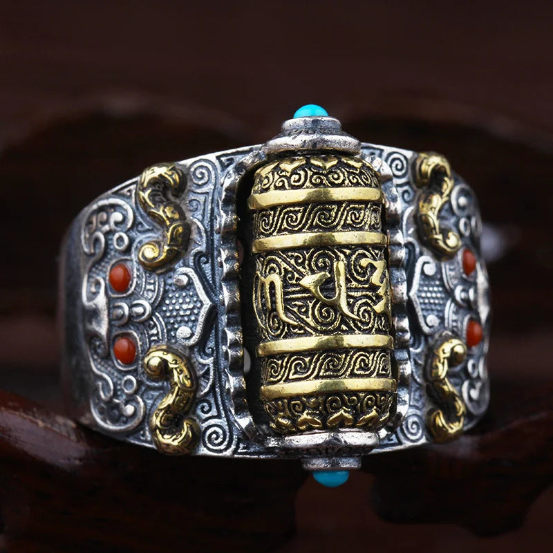 Retro Buddhist Scripture Ring Can Be Rotatable For Men Jewelry Personality Silver 925 Ring Adjustable Male Index Finger Bijou