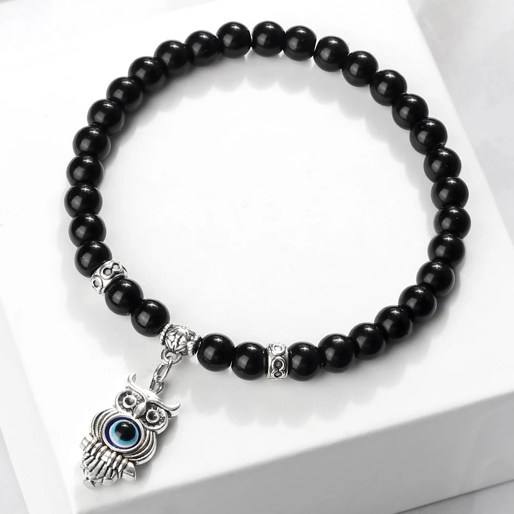 New 6MM Black Polish Beaded Bracelet Lucky Turkish Evil Eye Alloy Pendant Couple Bracelet&Bangles Chain Jewelry Gift for Friend