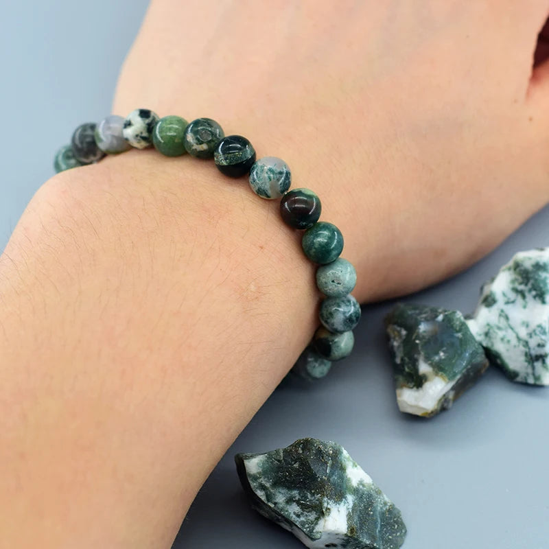 Real Natural Tree Patterned Agate Stone Beaded Bracelet Men Women Natural Lapis Lazuli Moss Agate Jade Energy Healing Jewelry