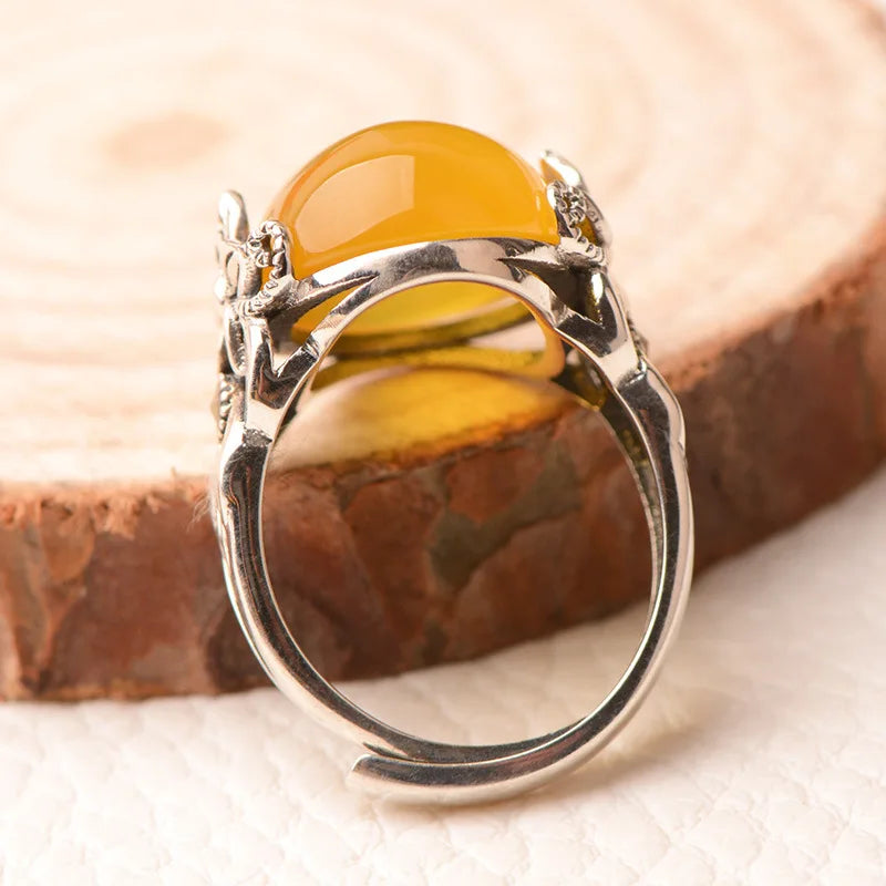 Vintage Jade Egg-shaped Ring Female Index Finger Accessories Temperament Flower Ring Women Jewelry Adjustable