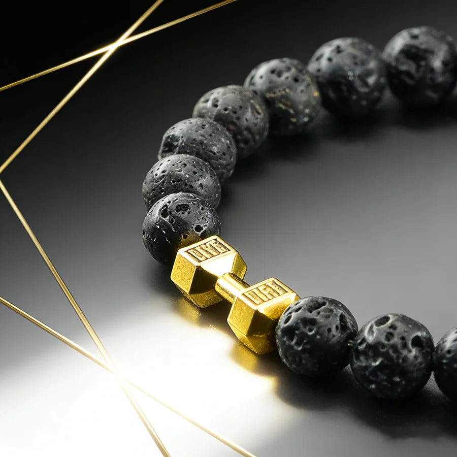 Natural Volcanic Stone Bracelet Men Matte Black Lava Obsidian Beads Charm Dumbbell Strand Bracelet Women Barbell Fitness Jewelry