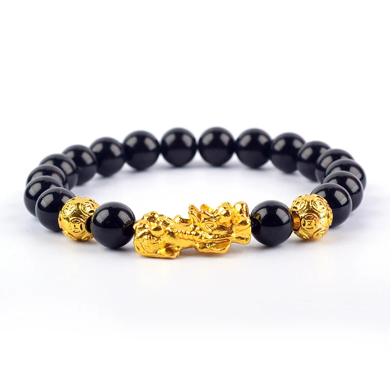 Feng Shui Obsidian Stone Beads Bracelet Men Women Wristband Gold Color Wealth and Good Luck Six Character Proverbs Bracelet